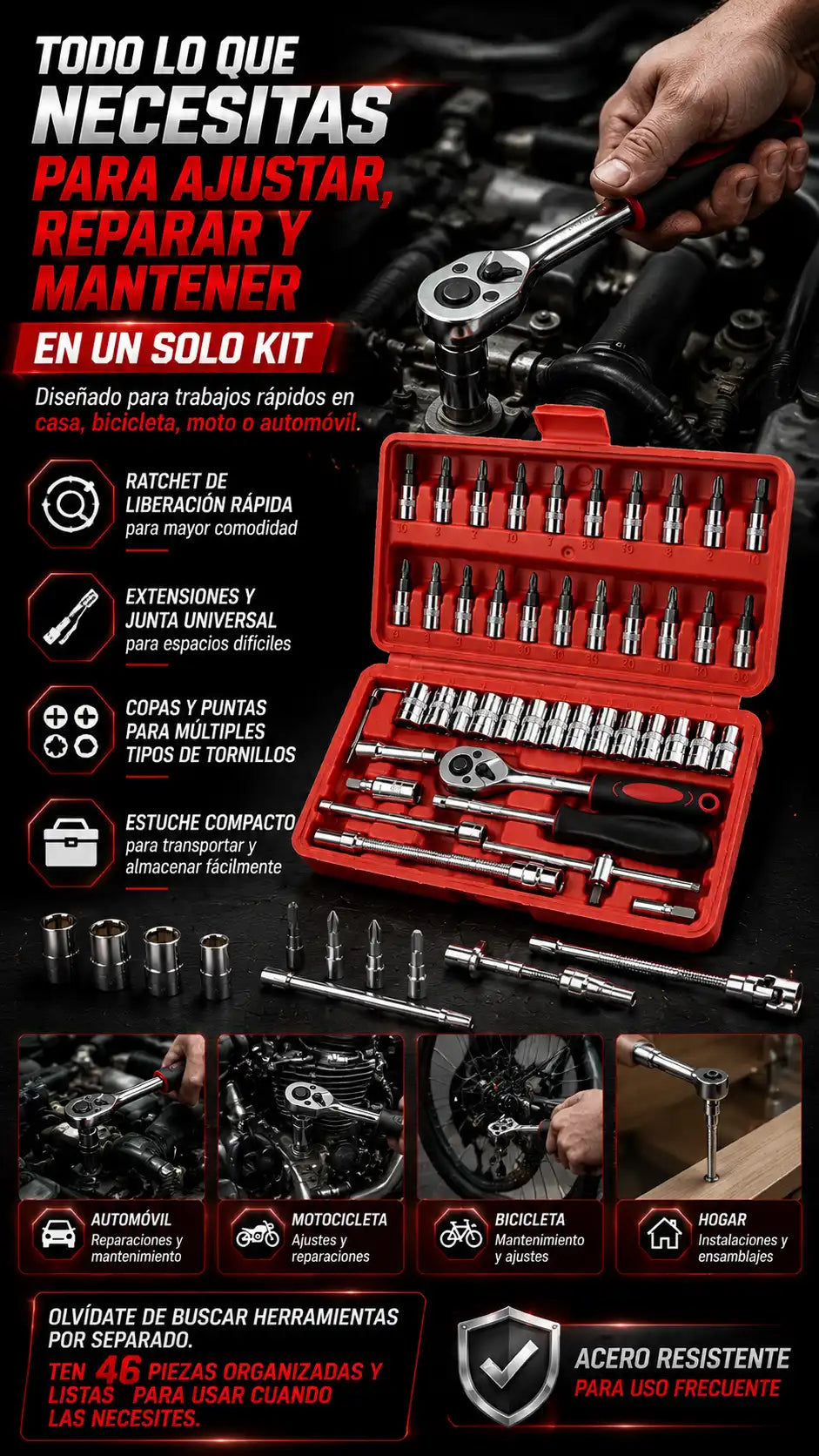 Ratchet 46 Piezas — Todo lo que necesitas para ajustar, reparar y mantener