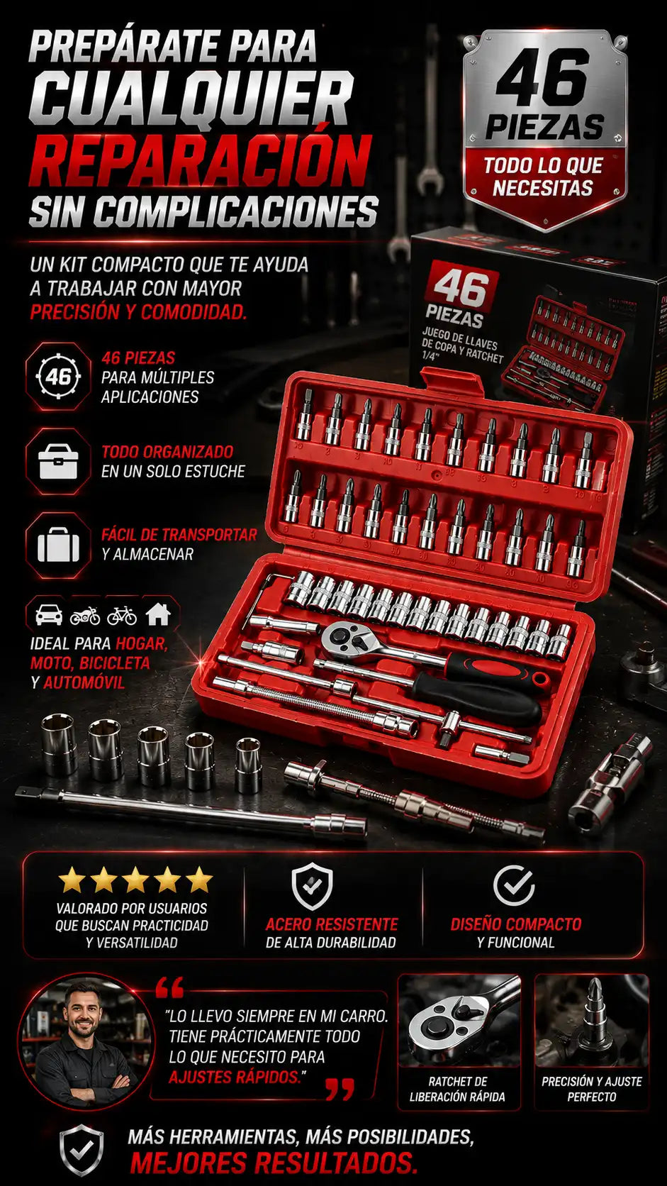 Ratchet 46 Piezas — Prepárate para cualquier reparación sin complicaciones